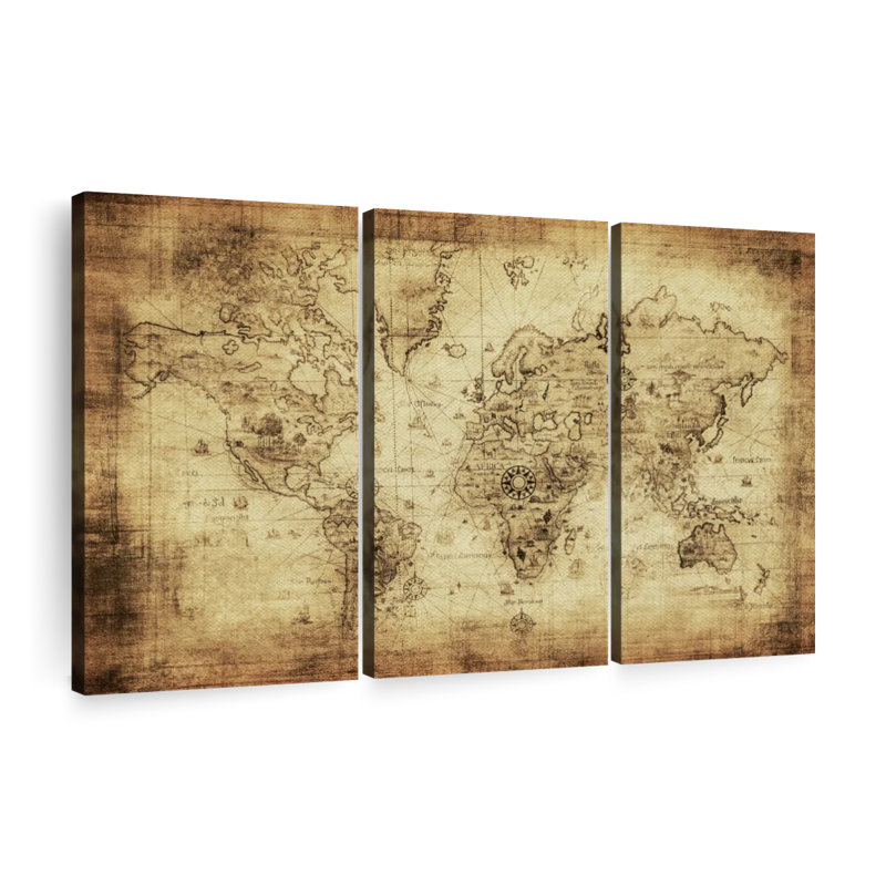 Carte du monde antique sur toile, ensemble de 3 pièces, H 24 po x l 38 po x P 1,25 po