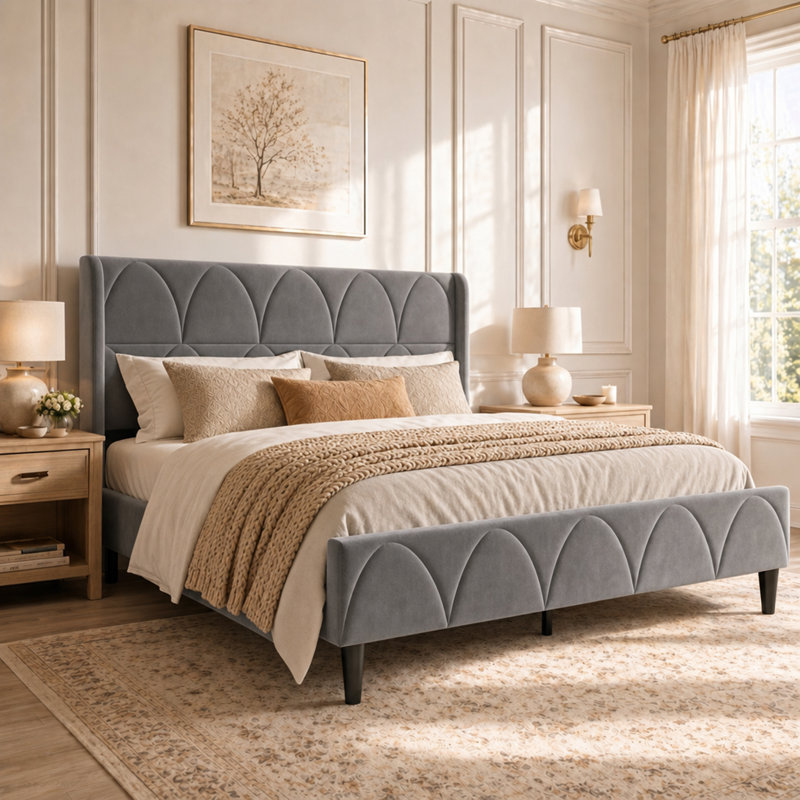 Velvet Upholstered Bed with Wingback Headboard, Gray, King