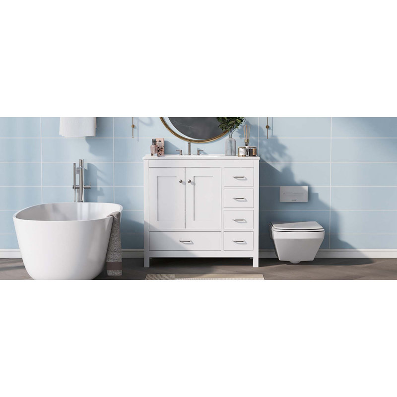Meuble-lavabo de salle de bain avec lavabo en céramique, 2 portes à fermeture douce et 5 tiroirs