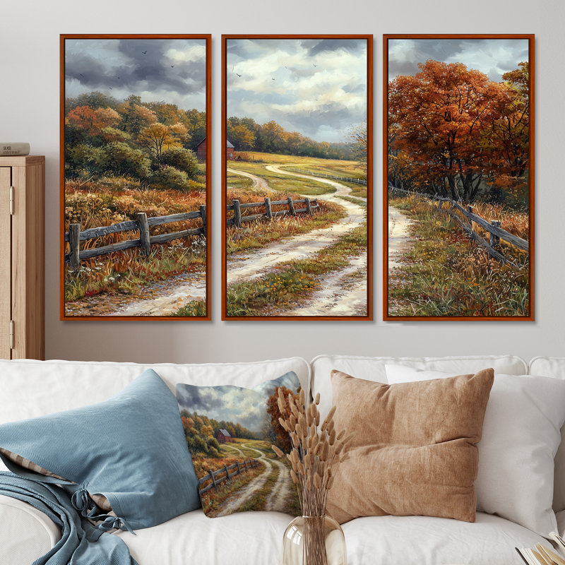 Ensemble de salon art mural vert d'automne, Toile avec cadre flottant brun, H 40 po x l 60 po x P 1 po