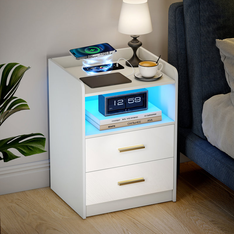 Table de chevet contemporaine sans fil avec capteur de mouvement, ports USB-C et USB, 2 tiroirs avec glissières silencieuses, table de chevet contemporaine