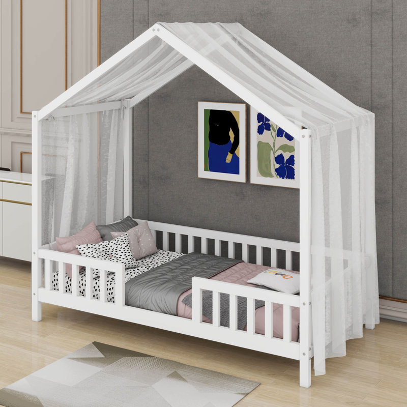 Twin Bed Frame With High Railings, Twin, White