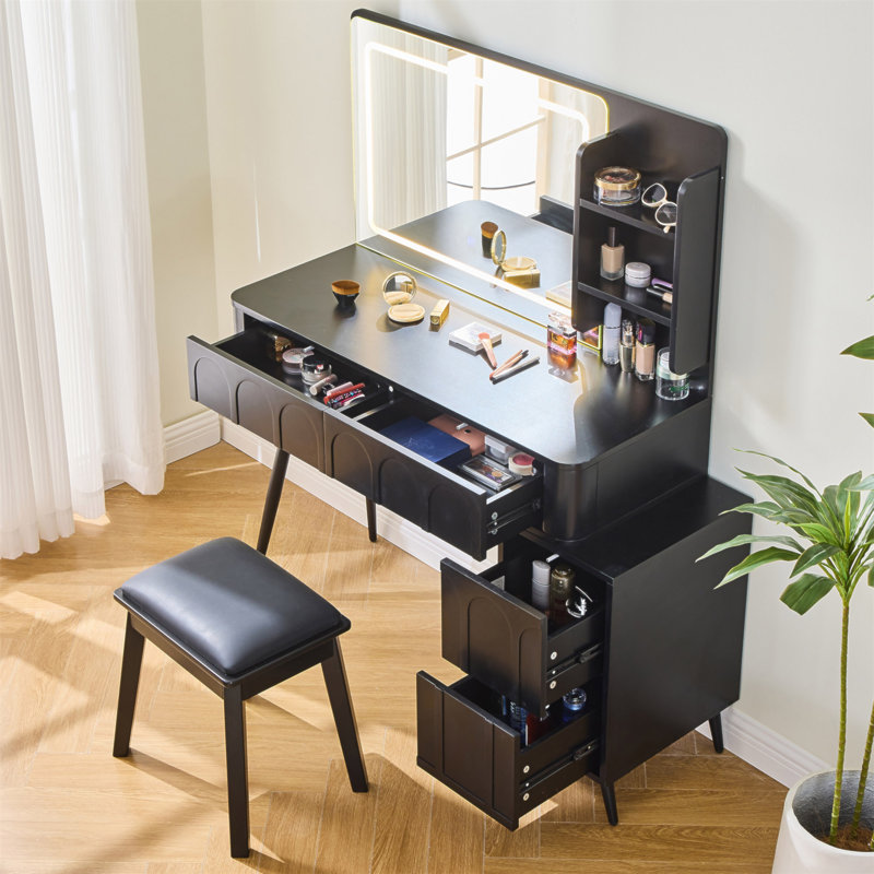 Modern Makeup Vanity Desk With LED Lights & Mirror, 4 Drawer Dressing Table Set With Stool, 3 Colors Dimmable Brightness, Space-Saving For Bedroom