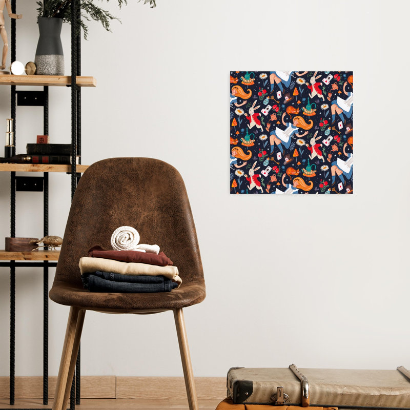 Alice au pays des merveilles - Affiche murale colorée et fantaisiste avec chat, lapin et forêt de fleurs, H 18 po x l 18 po