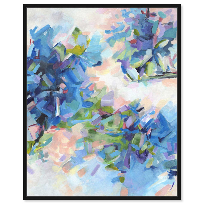 "Blue Botanicals", art floral occidental par , H 21 po x l 17 po, Cadre flottant noir