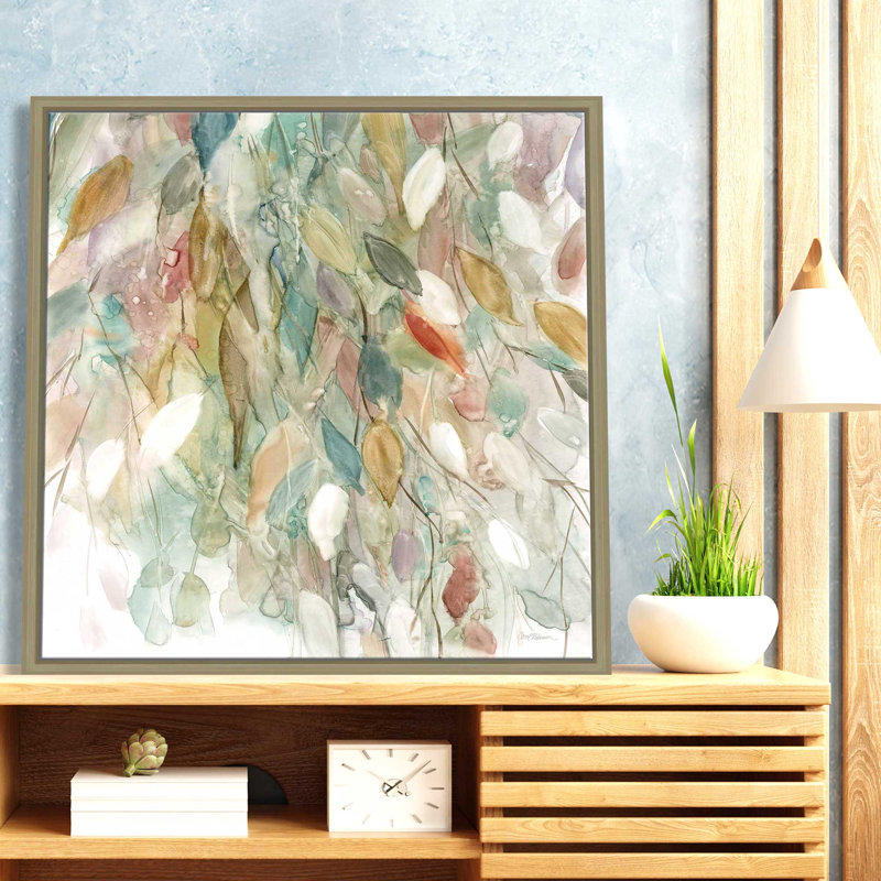 «Rainy Cascade I» par Carol Robinson - peinture sur toile tendue, L 27,5 po x H 27,5 po, Encadrement brun