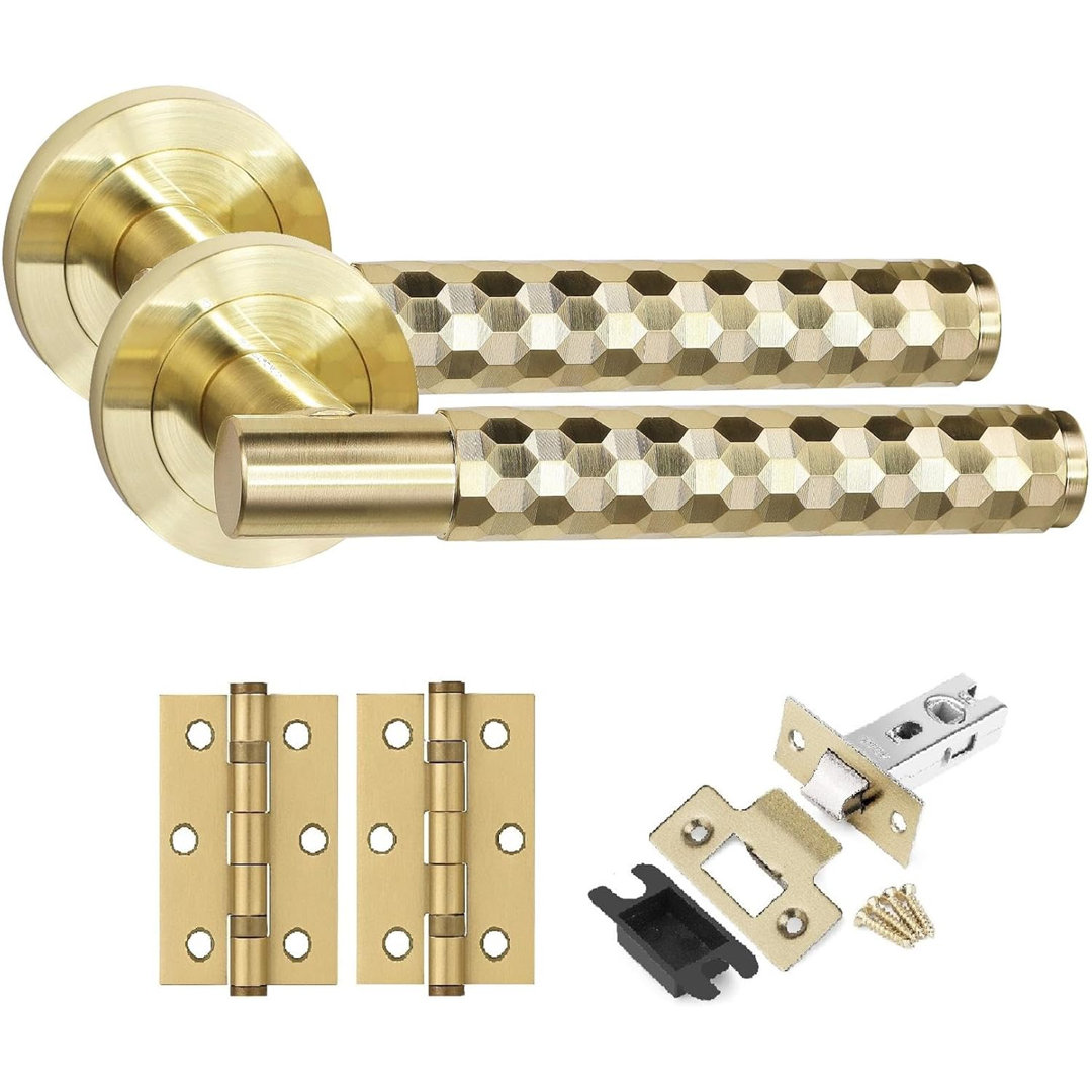 Golden Grace Knurled Hex Cut T-Bar Bathroom Door Handle Set with Dead Bolt Lock and Ball Bearing Hinges