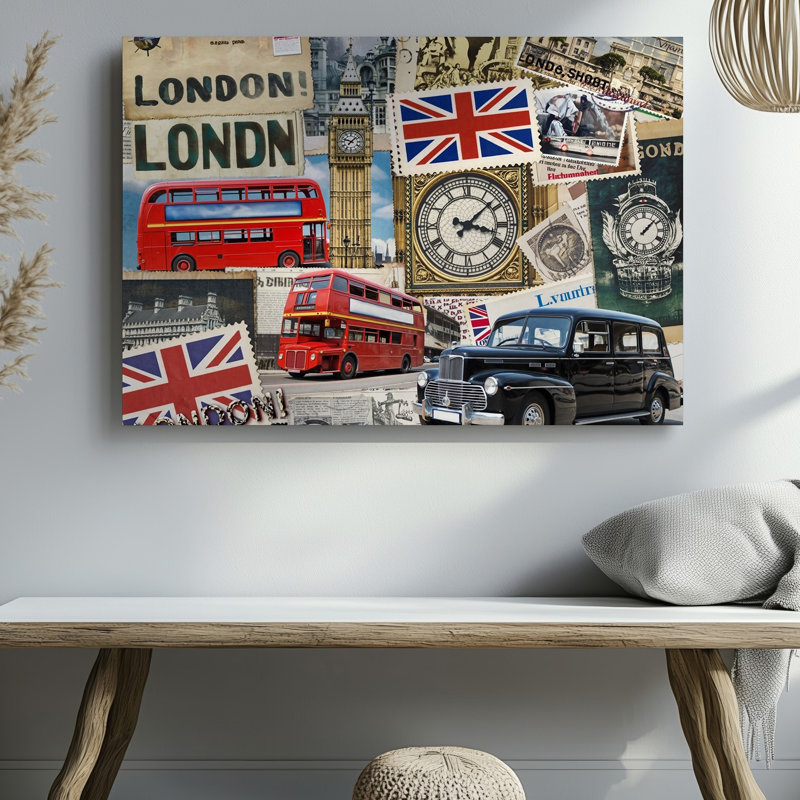 Toile "Un collage vibrant célébrant Londres" avec des éléments emblématiques comme un art mural rouge, H 30 po x l 30 po
