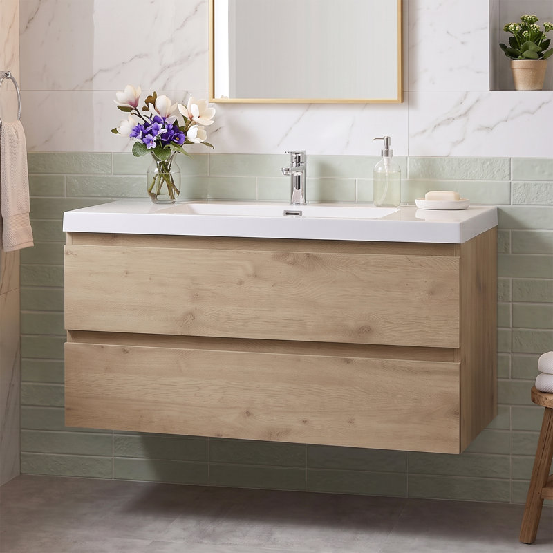Meuble-lavabo mural de 42 po en chêne MFC avec dessus en résine blanche brute et carbonate de calcium, deux tiroirs coulissants en forme de U à fermeture douce, préassemblé