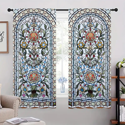 2Pcs Stained Glass Window Curtains Victorian Floral Pattern Vintage Style Rod Pocket Drapes Light Filtering Curtain Panels for Living Room Bedroom Dining Home Decor