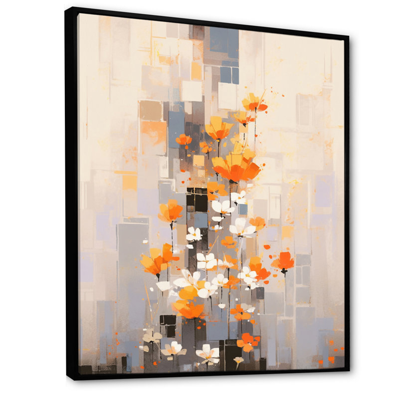 Fleurs de bouquet de coups de crayon orange gris sur toile, 32" H x 24" W, Cadre flottant noir