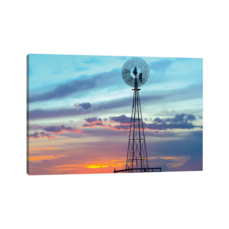 Windmill Producing Electricity At Sunset; Example Of Renewable Energy, North America by Tim Fitzharris - Wrapped Canvas Print