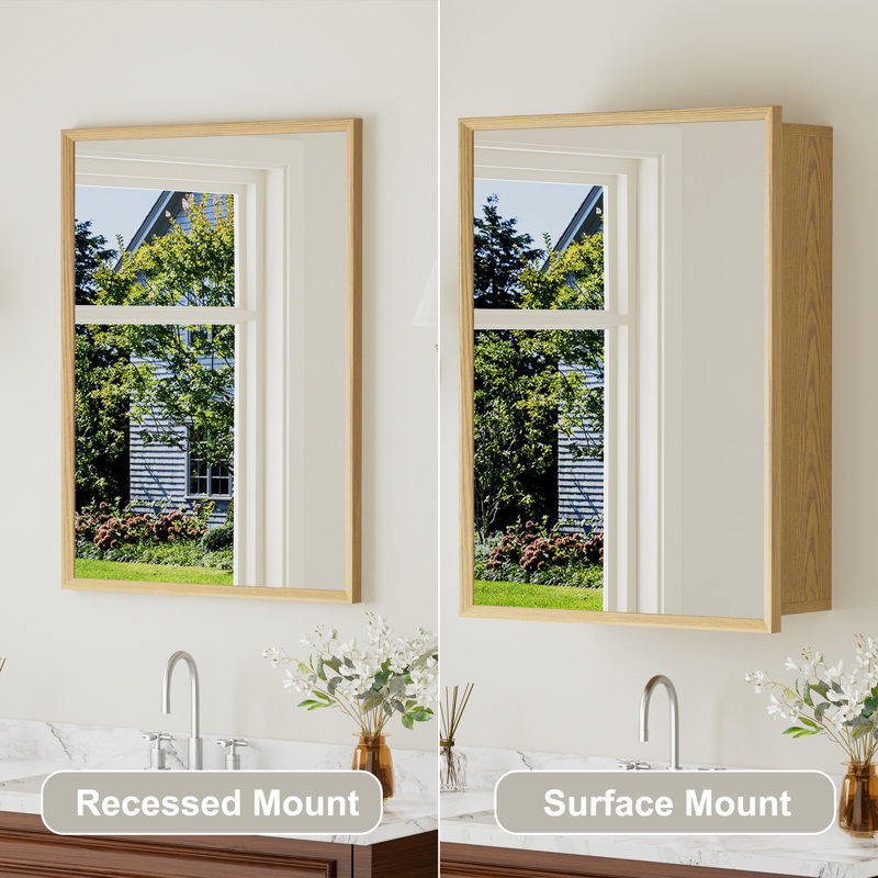 20" W X 28" H Beveled Edge Light Oak Finish Wood Medicine Cabinet with Mirror, Adjustable Shelves, Soft-Close Hinges and Reversible Door, Wall-Mount or Recessed for Makeup, Shaving or Bathroom Vanity Storage