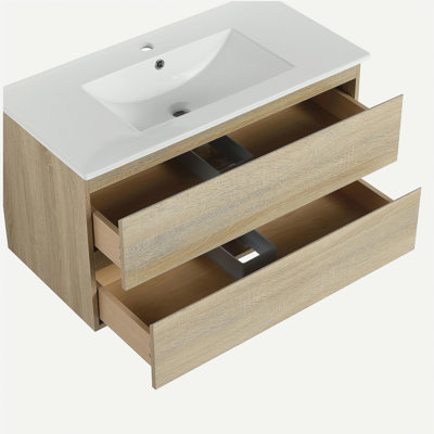 Coiffeuse murale avec lavabo en céramique et 2 tiroirs à fermeture en douceur