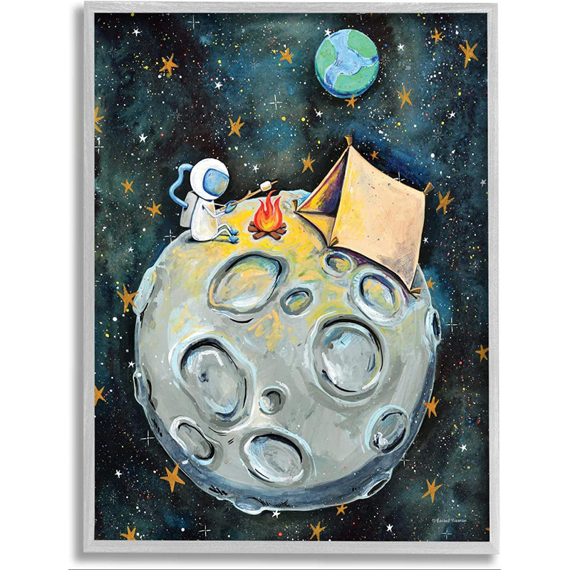 Astronaut Camping Moon Whimsical Stars Outer Space, 11" W x 14" H, Farmhouse Grey Framed Giclee