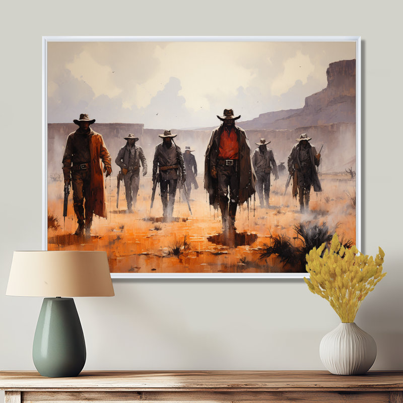 «Western Frontier Vigilantes Cowboys I», art mural sur toile Western, H 24 po x l 32 po x P 1 po, Cadre flottant blanc