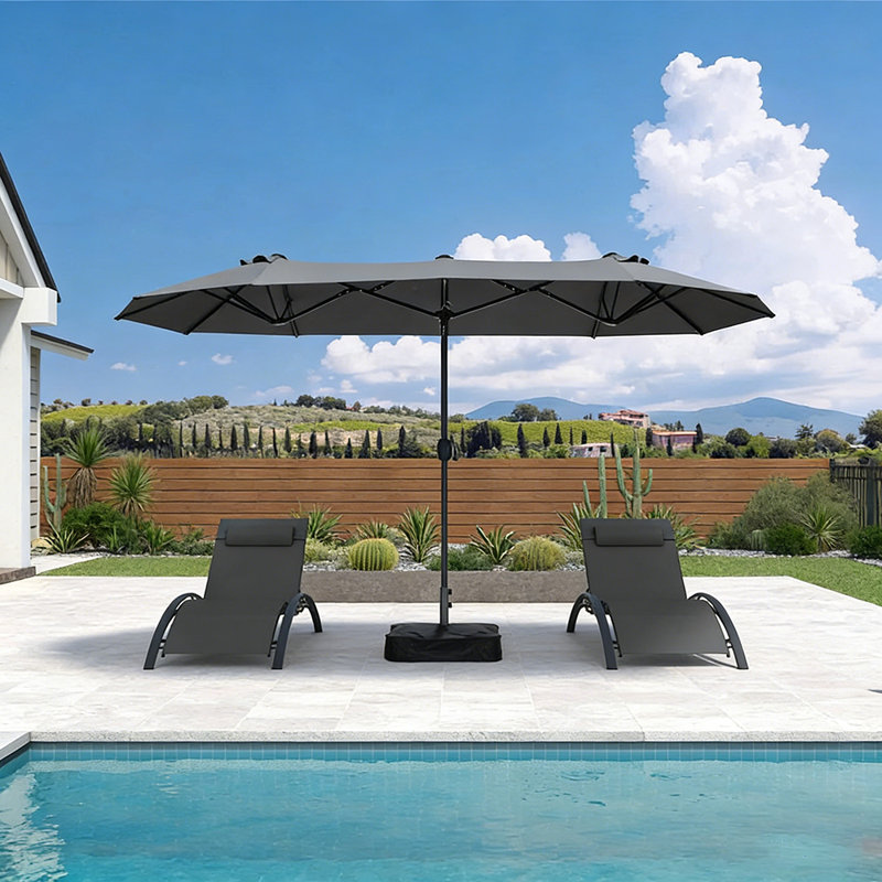 15Ft Rectangle Outdoor Garden Table Umbrella With 69.3" Long Reclining Chaise Lounge, Gray Frame/Gray Umbrella