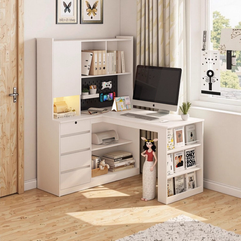 Bureau en L avec chargeur, bureau d'ordinateur avec tiroirs et bibliothèque, bureau d'angle moderne avec éclairage à DEL pour bureau à domicile, table de jeu d'écriture avec rangement - blanc
