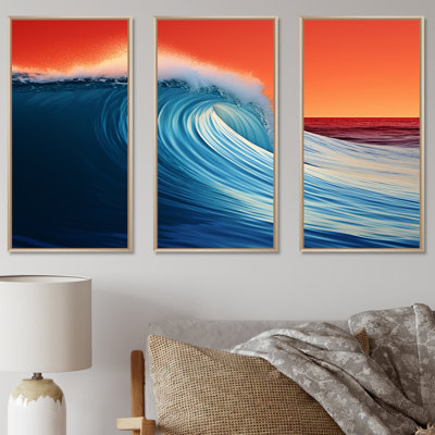 Minimalisme bleu et orange vague lever de soleil - ensemble de décoration murale bord de mer