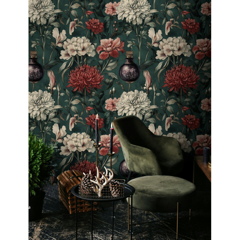 Élégant papier peint floral rétro avec rouleau mural vert foncé