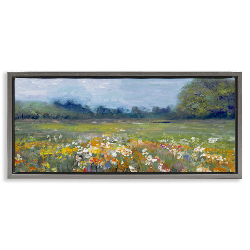 Fleurs de prairie brillantes dans la campagne, H 11 po x l 25 po, Cadre flottant gris lustré