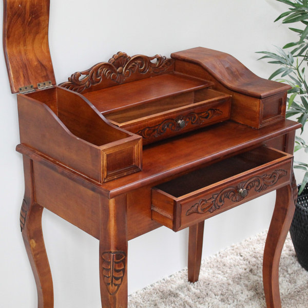 Mesh Cut Out Carved Mango Wood Octagonal Folding Table with Round Top, Antique White and Brown