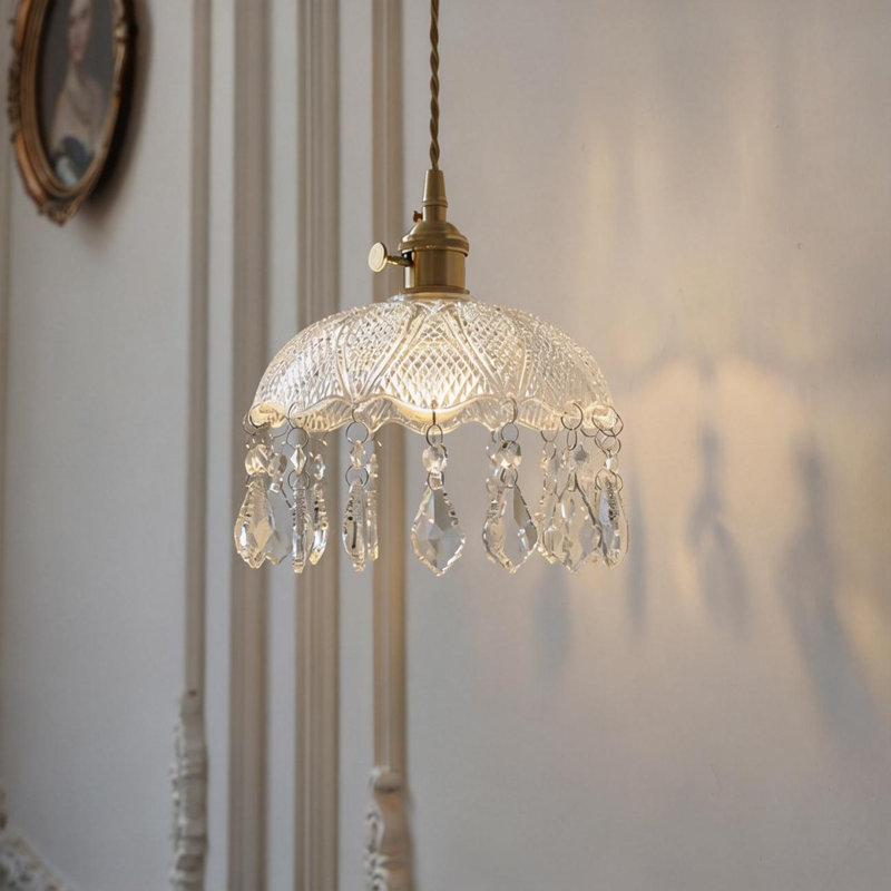 Clear Grid Glass Pendant Light With Crystal Deco