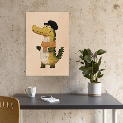 Whimsical Alligator In Beret Contemporary Alligator Crocodile Wall Art Print 1 Piece Wrapped Canvas Wall Art