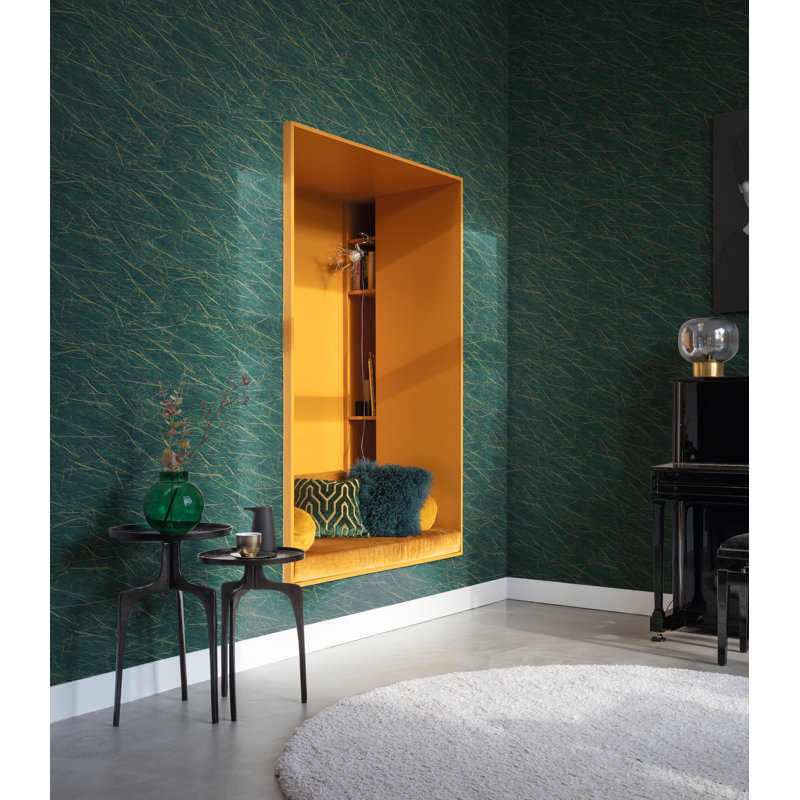 Rotem 10.05m x 53cm Textured Satin Wallpaper Roll, Green with Gold