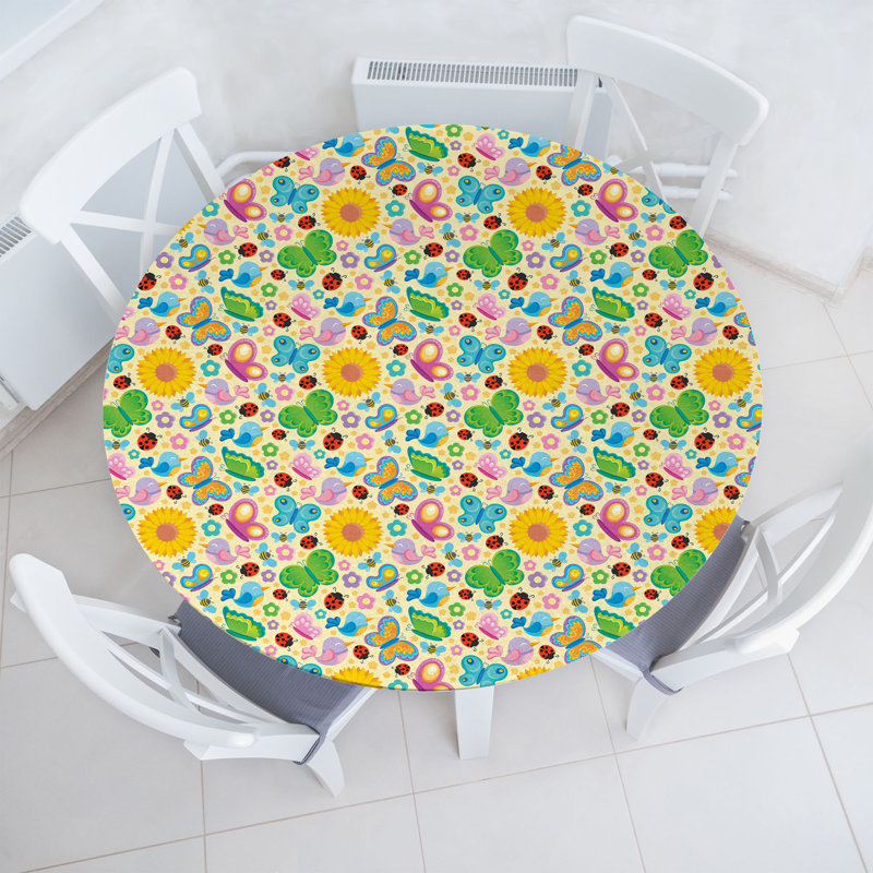 Ebern Designs Cartoon Fitted Round Tablecloth Multicolor