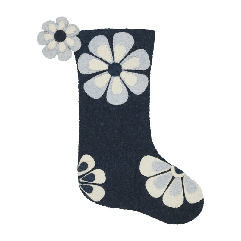 Handmade Navy and Ivory Wool Flower Power Christmas Stocking