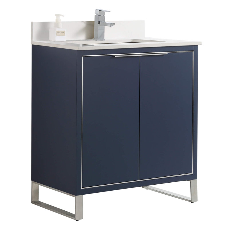 Gesell 30'' Single Bathroom Vanity with Stone Top, Chrome, Navy Blue