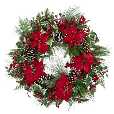 Poinsettia And Pinecone Mixed Pine Artificial Christmas Wreath - 30" - Unlit