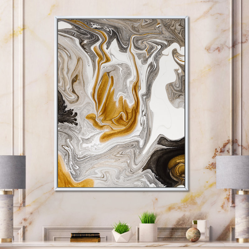 Vague de marbre doré et noir V - peinture sur toile, H 20 po x l 12 po x P 1 po, Cadre flottant blanc