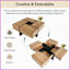 Table basse extensible à 4 voies avec 4 casiers de rangement cachés, plateau carré 31,5 po - panneau de particules robuste pour le salon-486738902