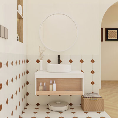 Meuble-lavabo mural 30 po avec lavabo vasque rond blanc brillant, meuble-lavabo mural avec tablette ouverte