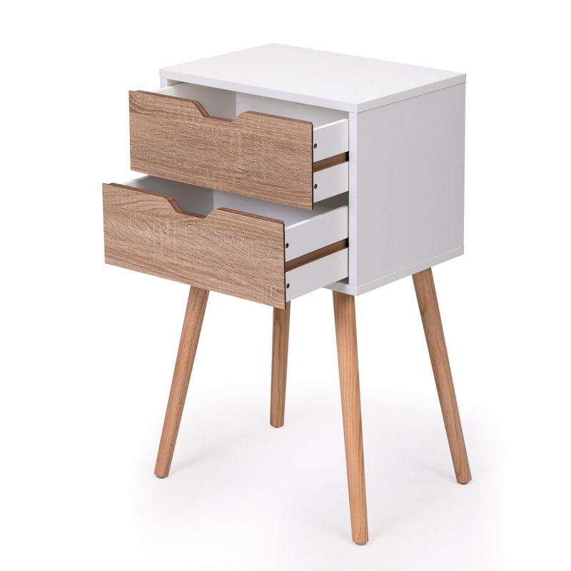 Table de chevet avec pieds en bois massif, 2 tiroirs pour le rangement, table de chevet 2 en noyer blanc, construction et bois, chambre à coucher