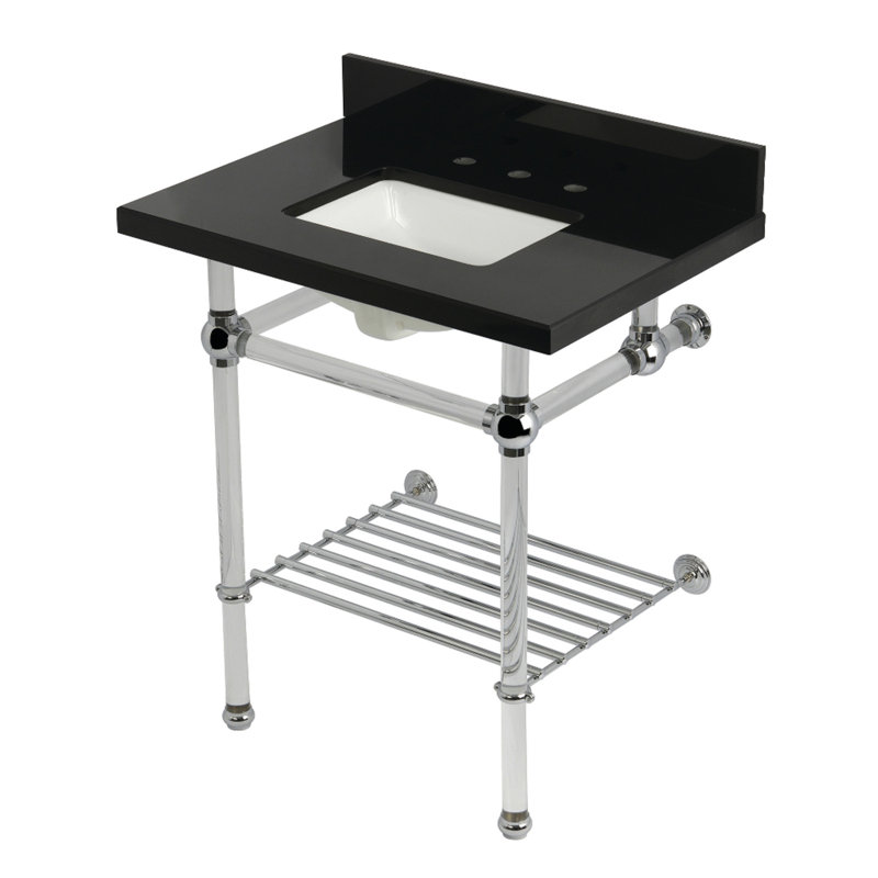 Kingston Brass Templeton 30-Inch Black Granite Console Sink with Acrylic Legs and Shelf (8-Inch, 3-Hole)