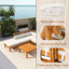 Ensemble de meubles de jardin 6 pièces, canapé modulaire en L en bois d'acacia avec lit de jour convertible, table de thé et repose-pieds