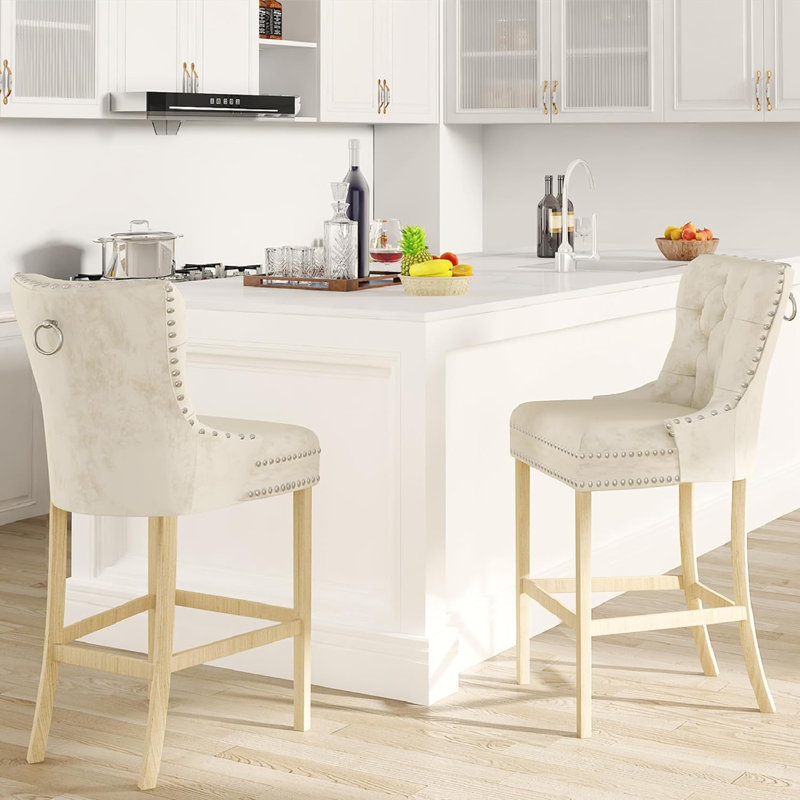 Kuplerski Upholstered Counter Stool with Solid Wood Frame (Set of 2), Natural, Cream