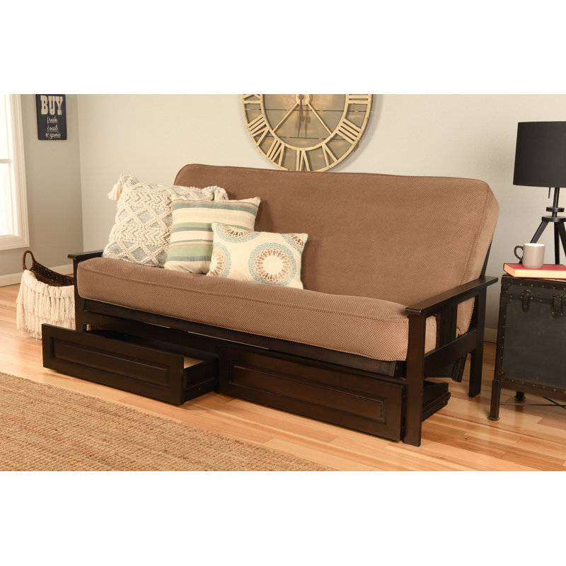 Stratford Full 79" Futon Frame and Mattress with Drawer Set, Marmont Mocha Polyester, Espresso