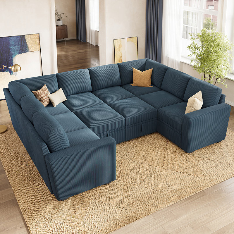 Canapé modulaire en U avec rangement Abramson, Velours côtelé bleu