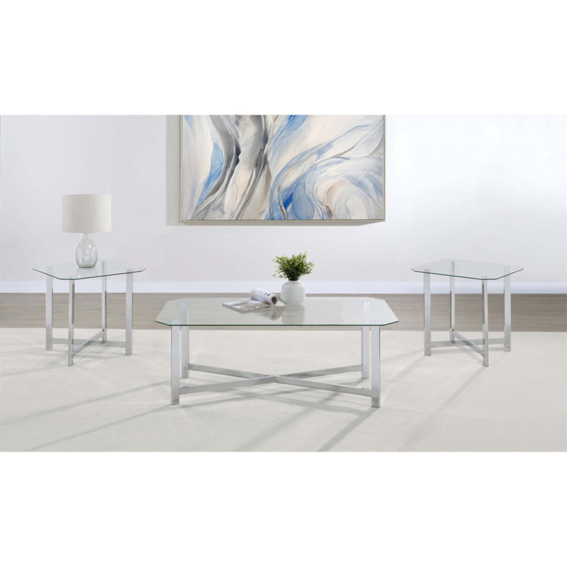 Ensemble de tables basses 3 pièces en chrome sophistiqué avec dessus en verre trempé transparent pour les espaces de vie modernes