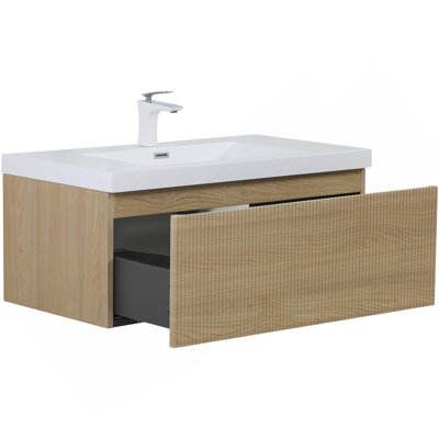 36'' Floating Bathroom Vanity With Sink, Wall-Mounted Striped Storage Cabinet With Soft-Close Drawer And Glossy White Surface Basin, Fully Assembled, Natural Oak 24V16-36NOW-W1920P385445
