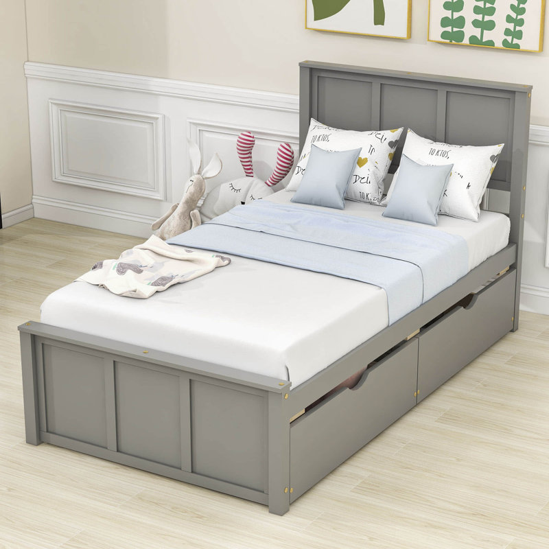 Lit plateforme simple en bois 2 tiroirs avec tête de lit, gris