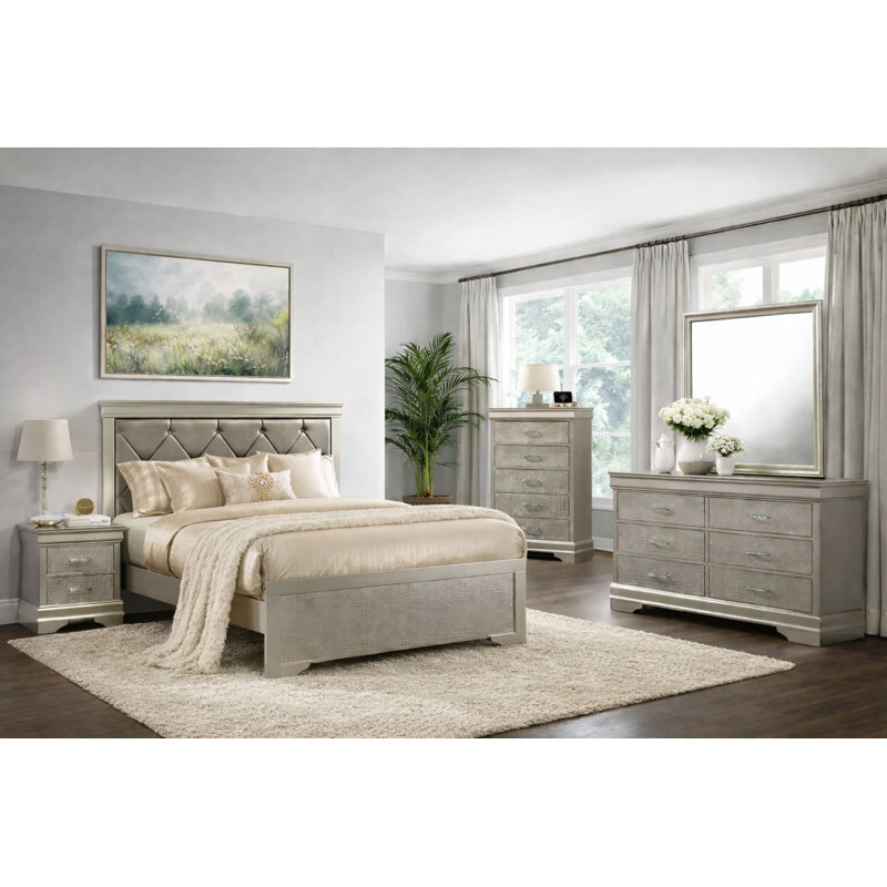 Ensemble de chambre à coucher de luxe à panneau tapissier avec similicuir capitonné en argent, 5 pièces, Lit double