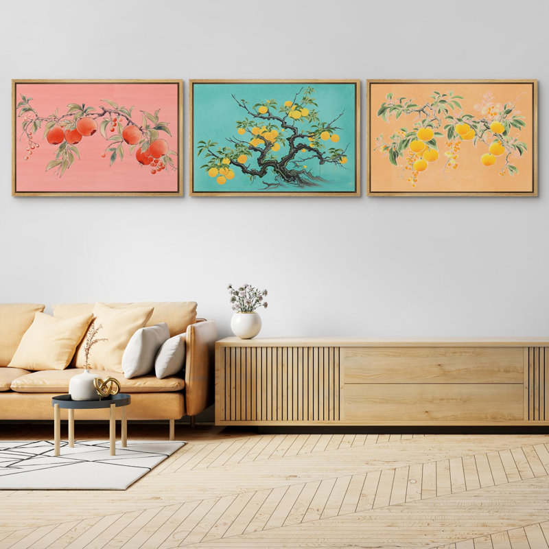 "Élégantes illustrations de fruits botaniques rose pastel, pêche, rose et jaune" - 3 pièces, Encadré naturel