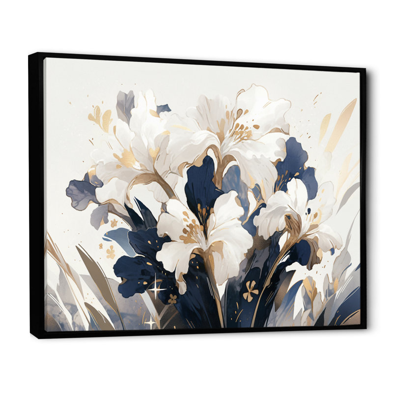 " Gold White Iris Impressions Flower ", 30" H x 40" W x 1.5" D, Black Floater Framed