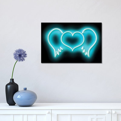 Neon Heart Wings Aqua on Black 1 Piece Wrapped Canvas Wall Art