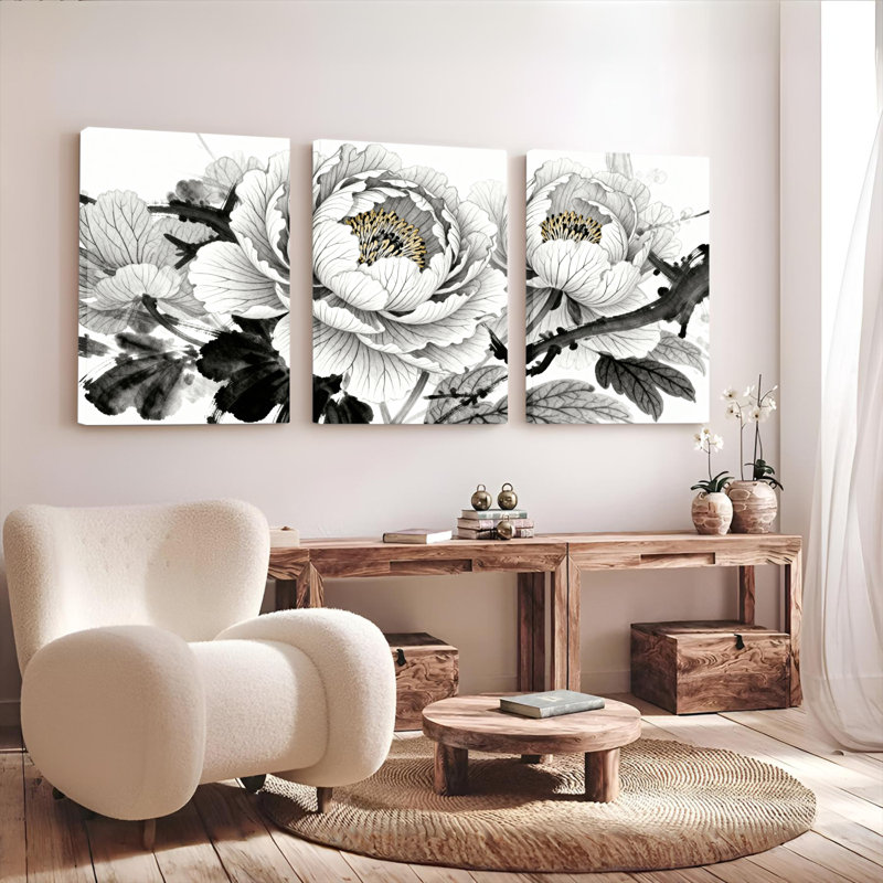 Tableau mural sur toile tendue, motif floral pivoine noire et blanche, style lavis d'encre (paquet de 3), H 24 po x l 48 po